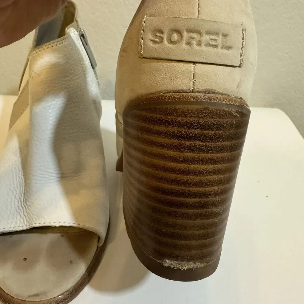 Sorel Nadia Women’s 9.5 White Tan Leather‎ Ankle Open Toe Shoes